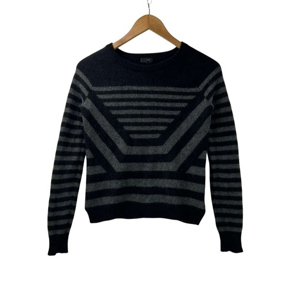 Theory Women's Petite Black Gray Striped 100% Cashmere Crew Neck Sweater - Picture 9 of 10